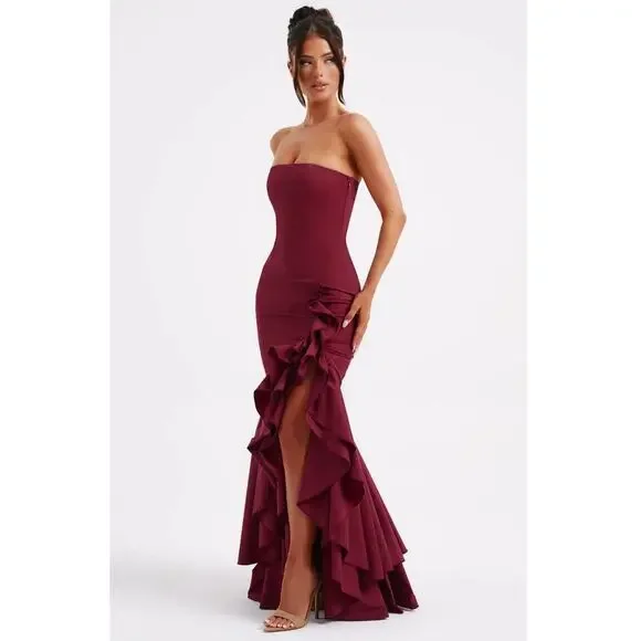 Babyboo Angelina Strapless Ruffle Maxi Dress NWT Burgundy Formal Gown Sz Small - Picture 8 of 12